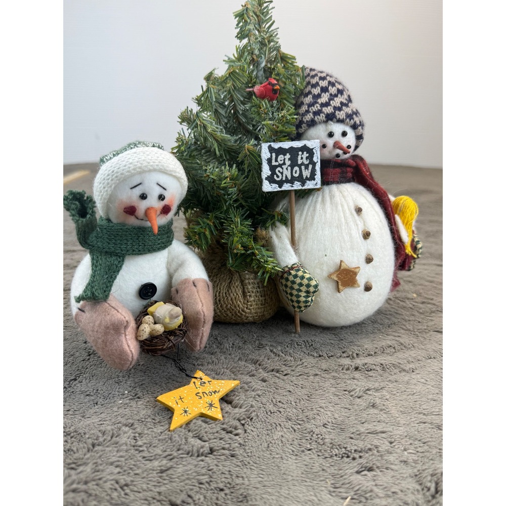 Rustic Felt Snowman Figurine Set Let It Snow Christmas Holiday Decor 2 Piece